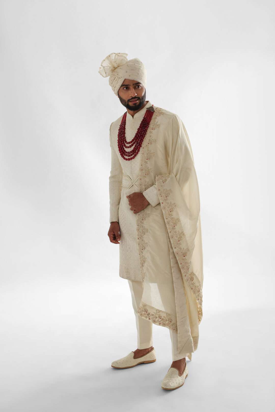 Ivory Sherwani Set With Allover Dori Work Embroidery