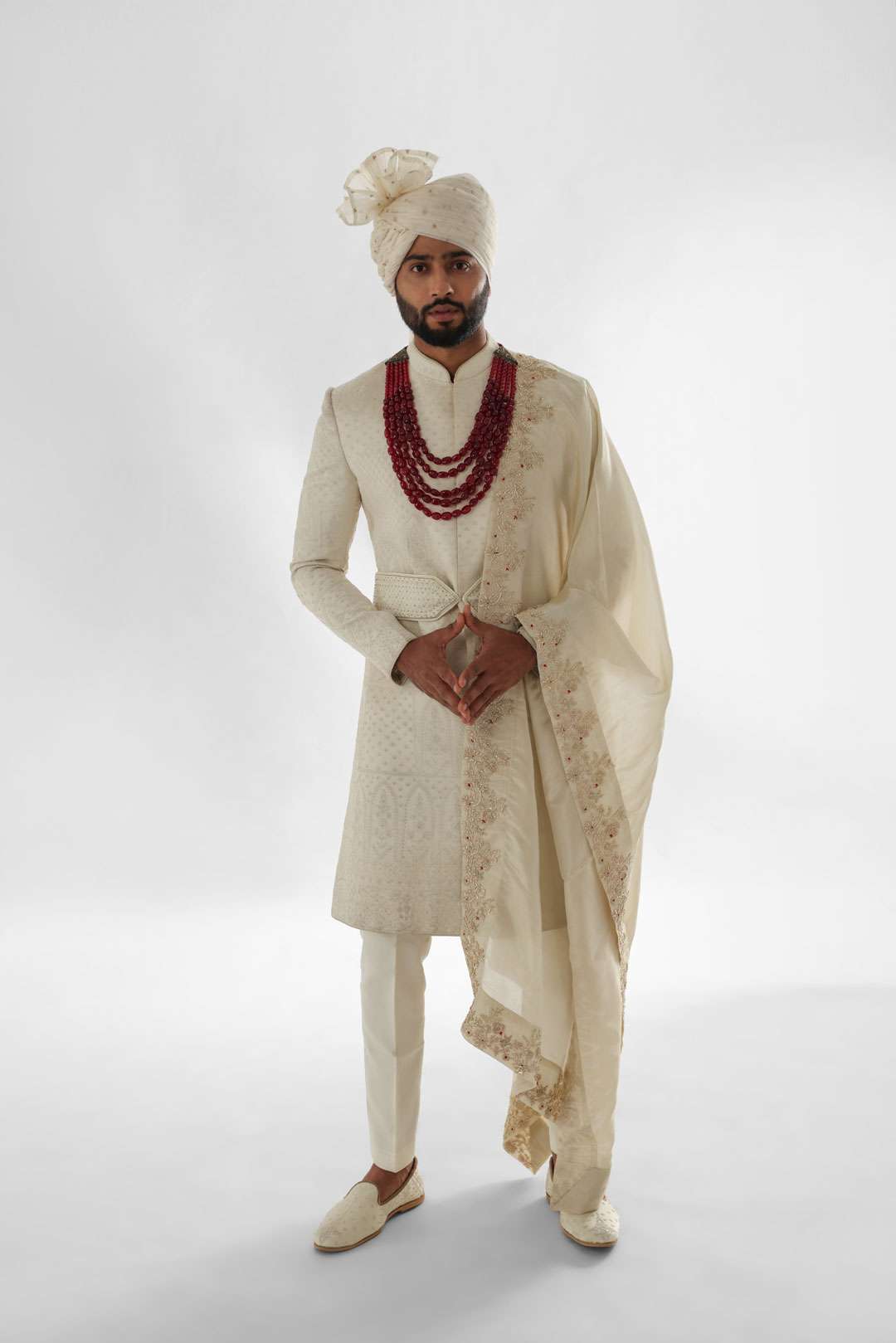 Ivory Sherwani Set With Allover Dori Work Embroidery