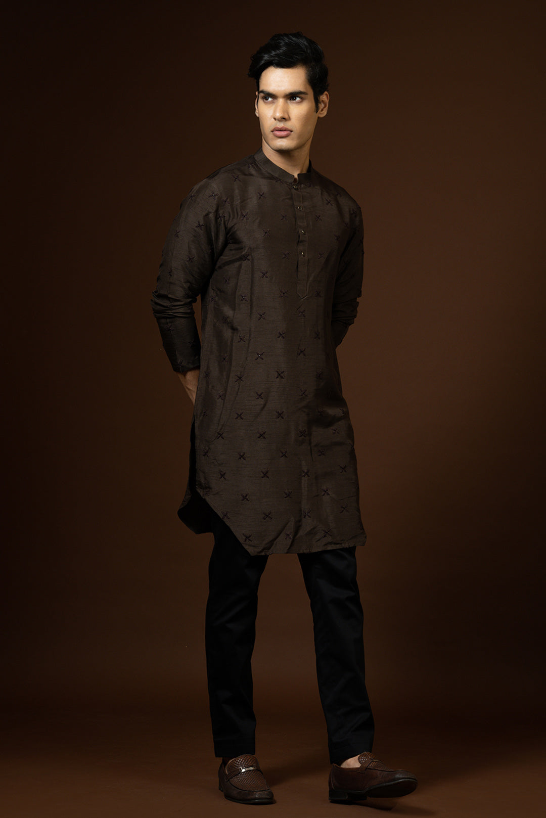 Coco brown kurta in bam silk with french knot embroidery highlighted with katdana Kurta set