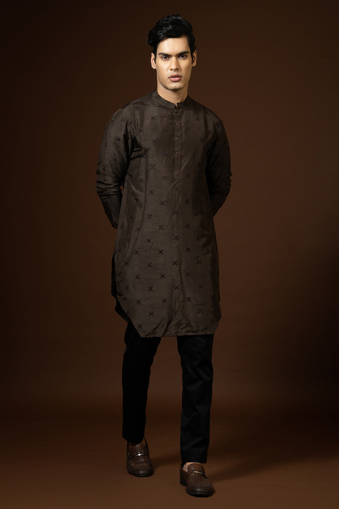 Coco brown kurta in bam silk with french knot embroidery highlighted with katdana Kurta set