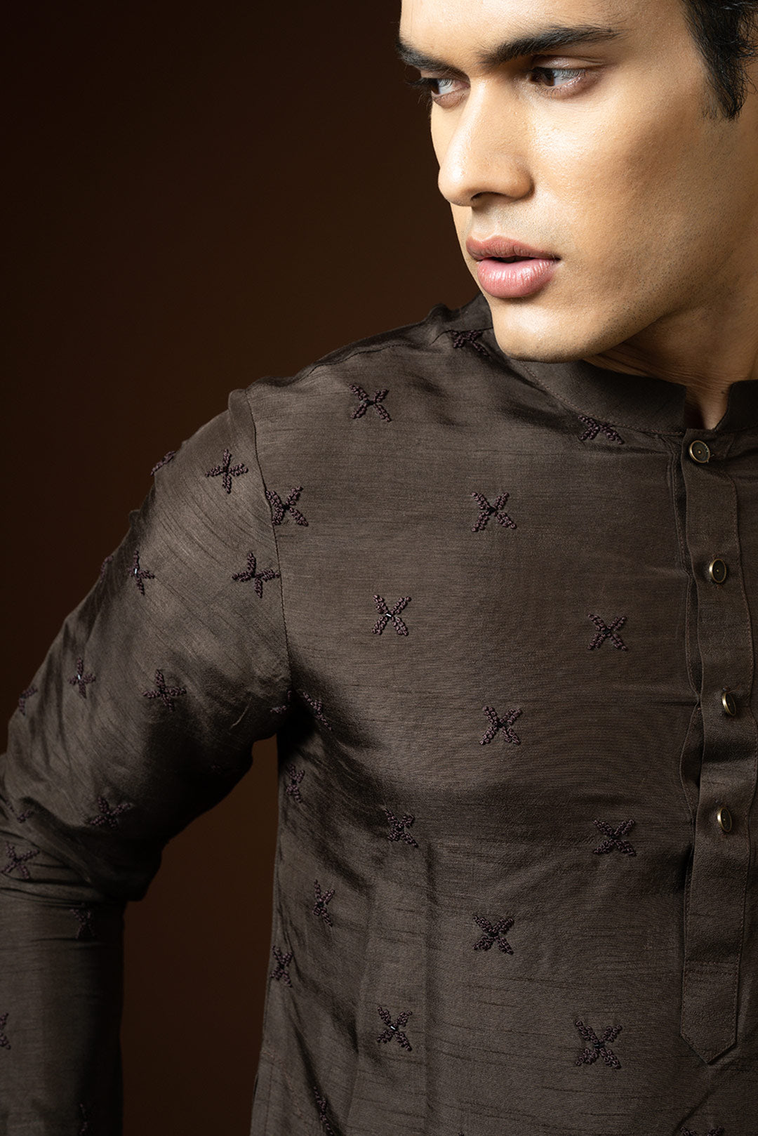 Coco brown kurta in bam silk with french knot embroidery highlighted with katdana Kurta set