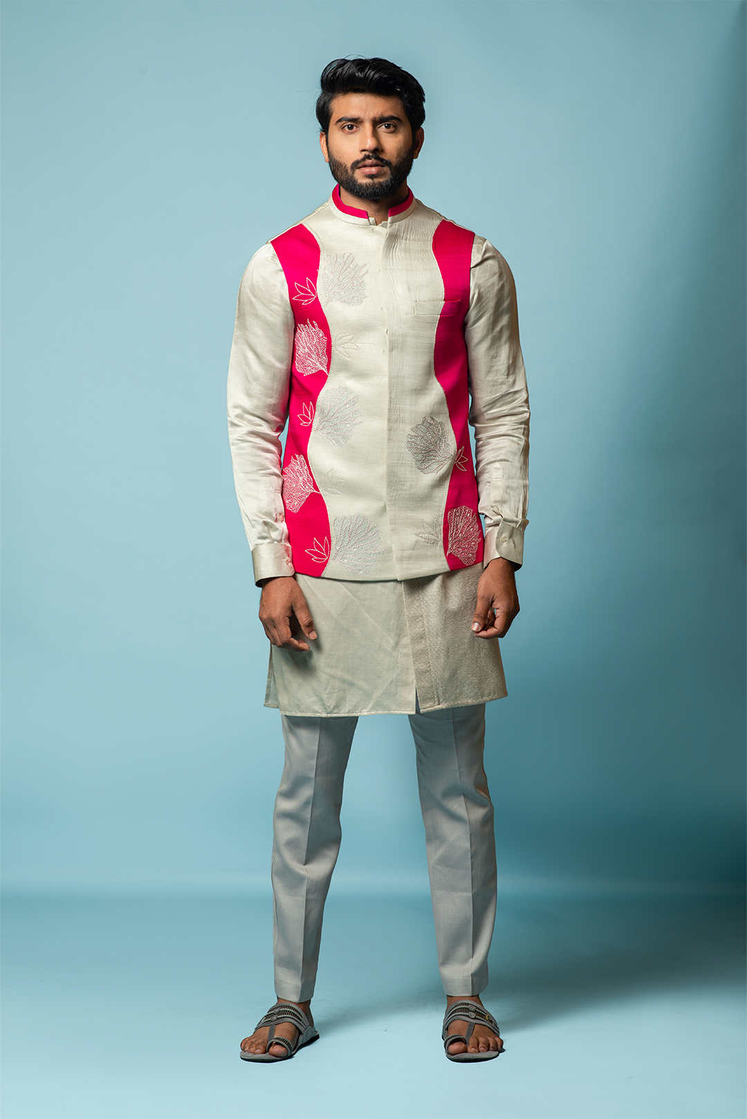 Noaa Stringking Grey Hot pink patchwork Nehru Jacket RTS