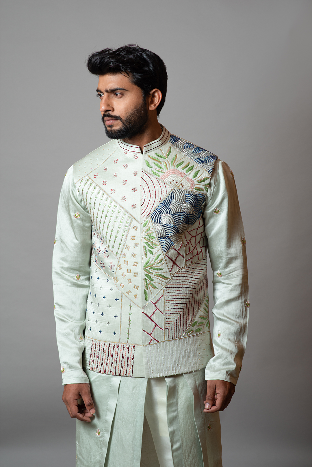The Water Iris Glass green Nehru jacket RTS