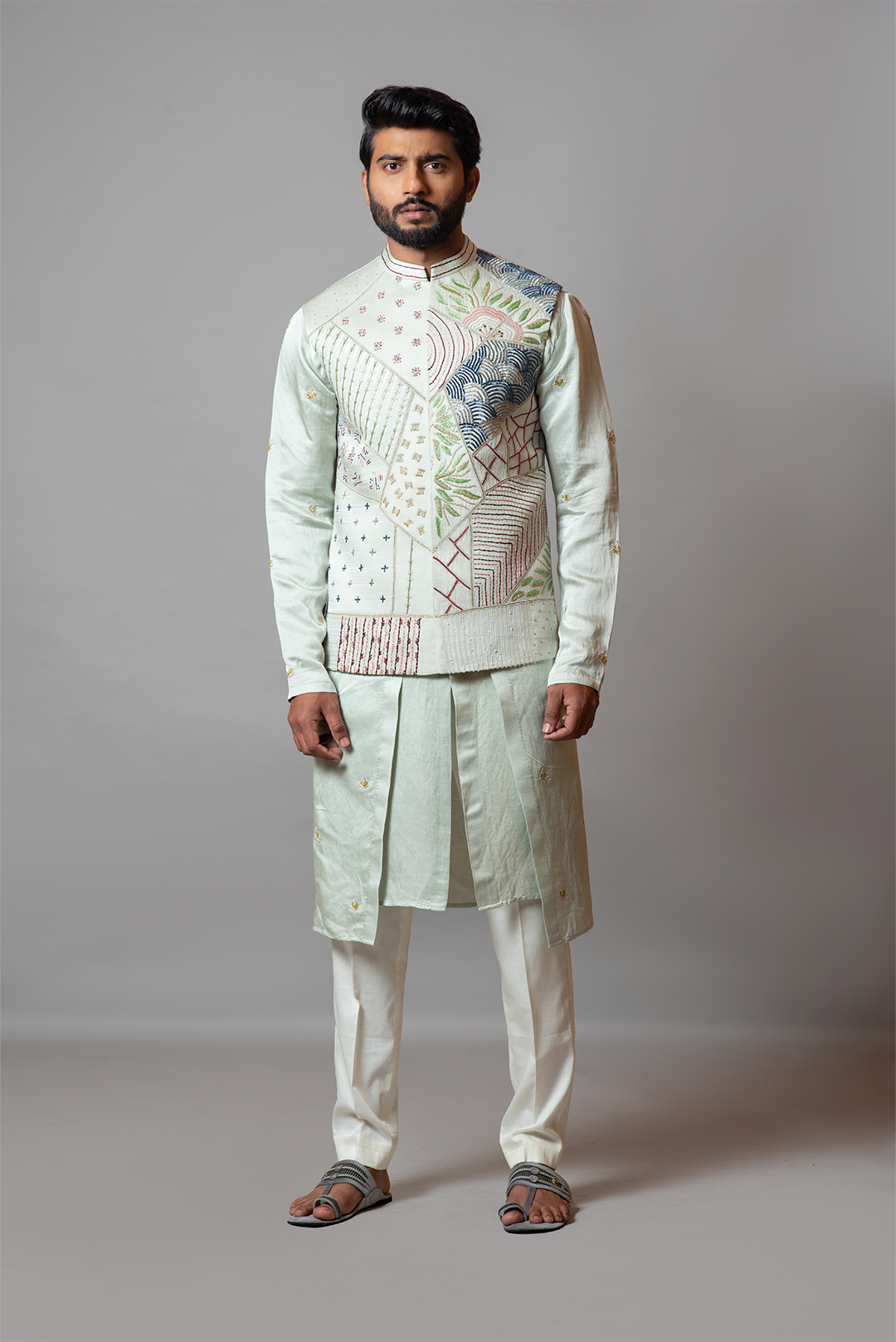 The Water Iris Glass green Nehru jacket RTS