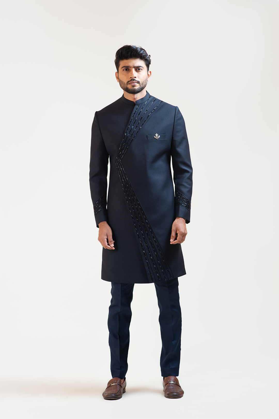 Blue Pintucks Embroidered Achkan