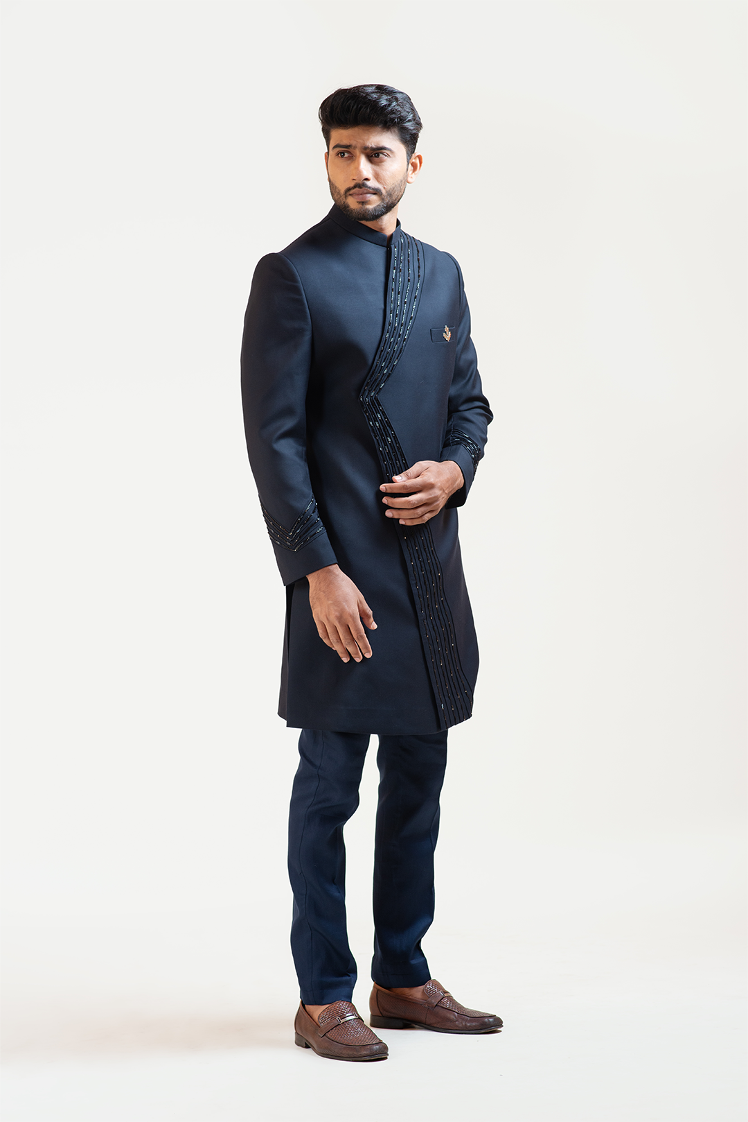 Blue Pintucks Embroidered Achkan