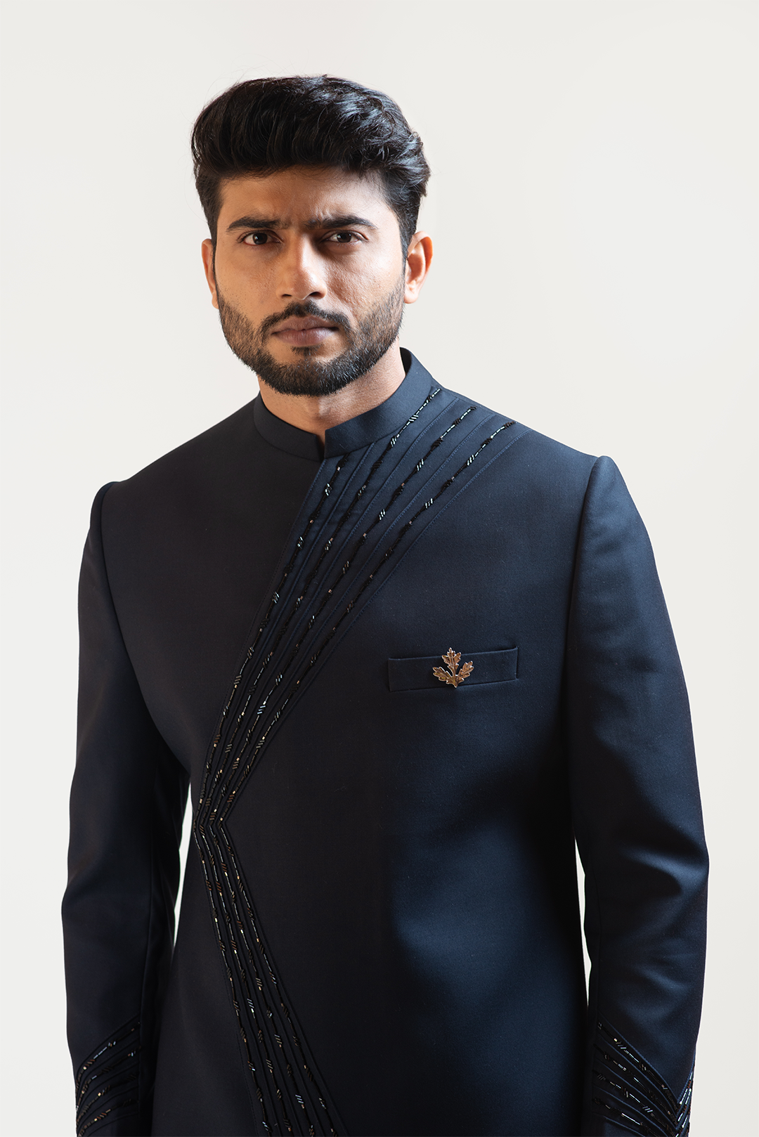 Blue Pintucks Embroidered Achkan