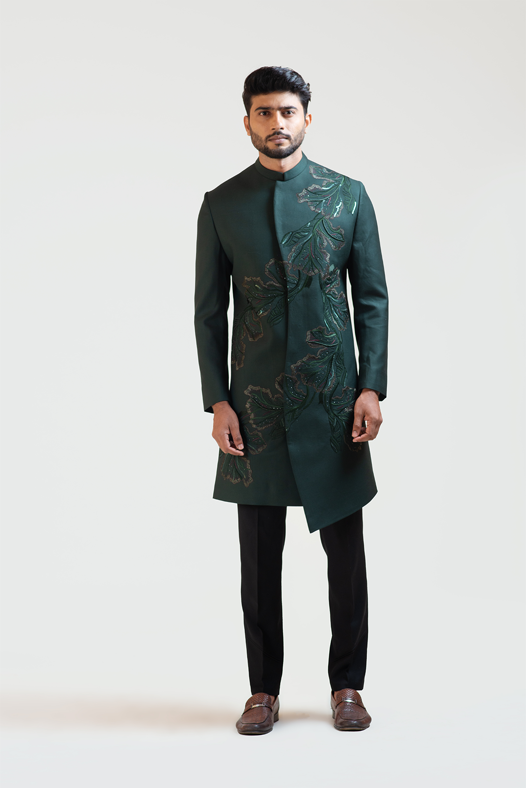 Green A-symmetric Flowy Lineart Embroidered Achkan