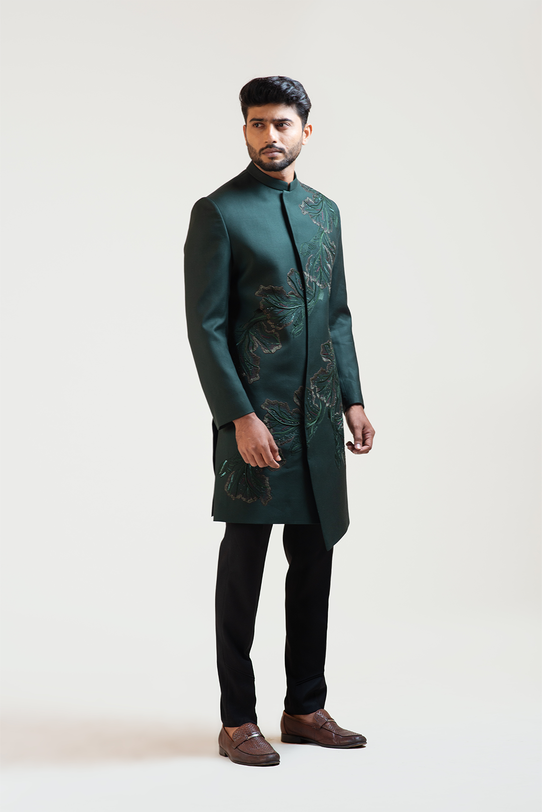 Green A-symmetric Flowy Lineart Embroidered Achkan