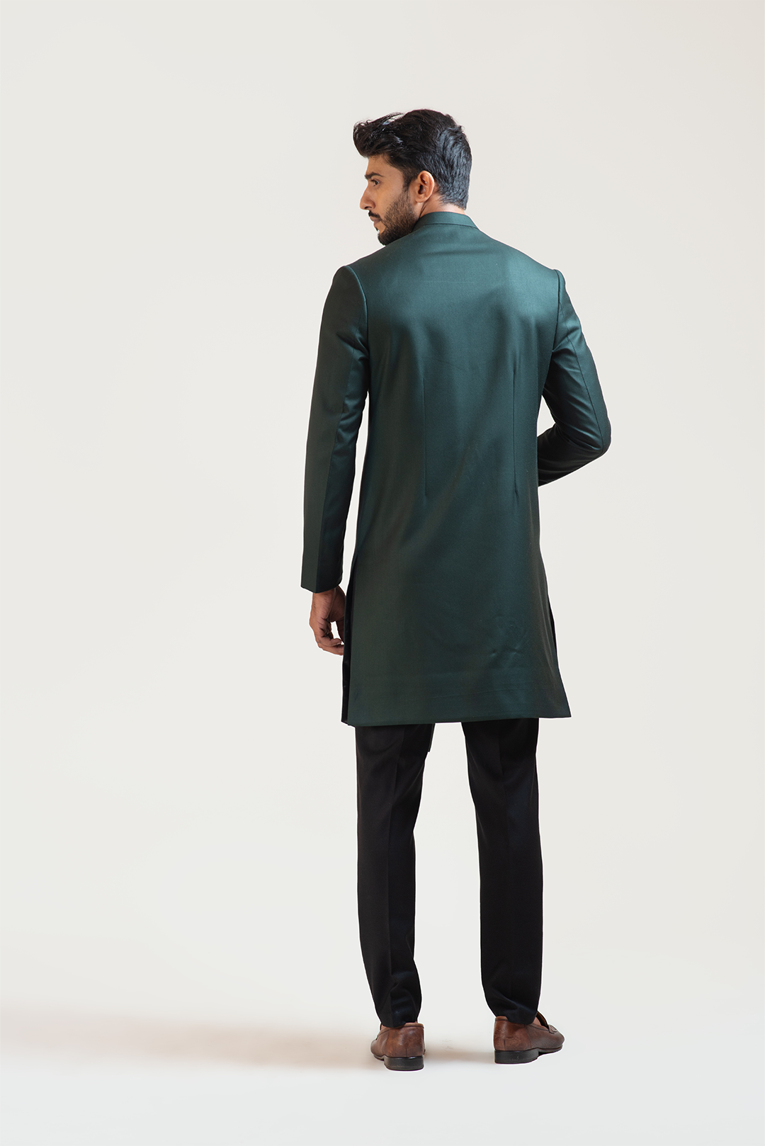 Green A-symmetric Flowy Lineart Embroidered Achkan