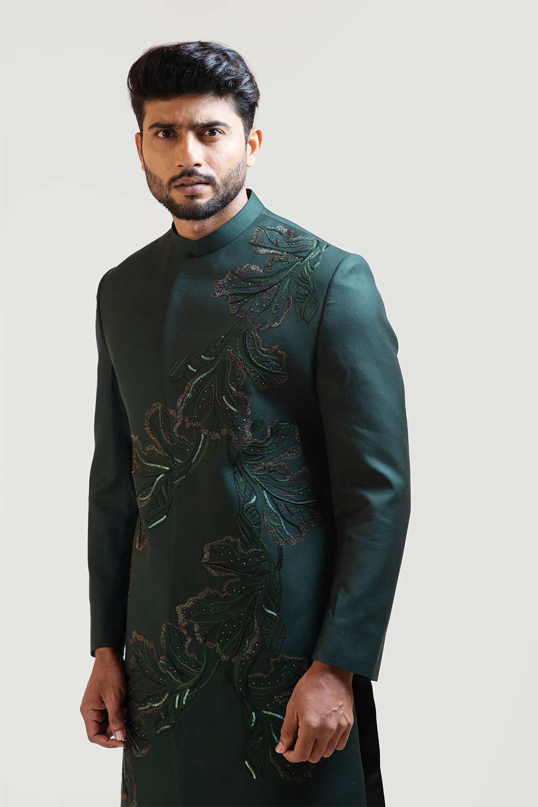 Green A-symmetric Flowy Lineart Embroidered Achkan