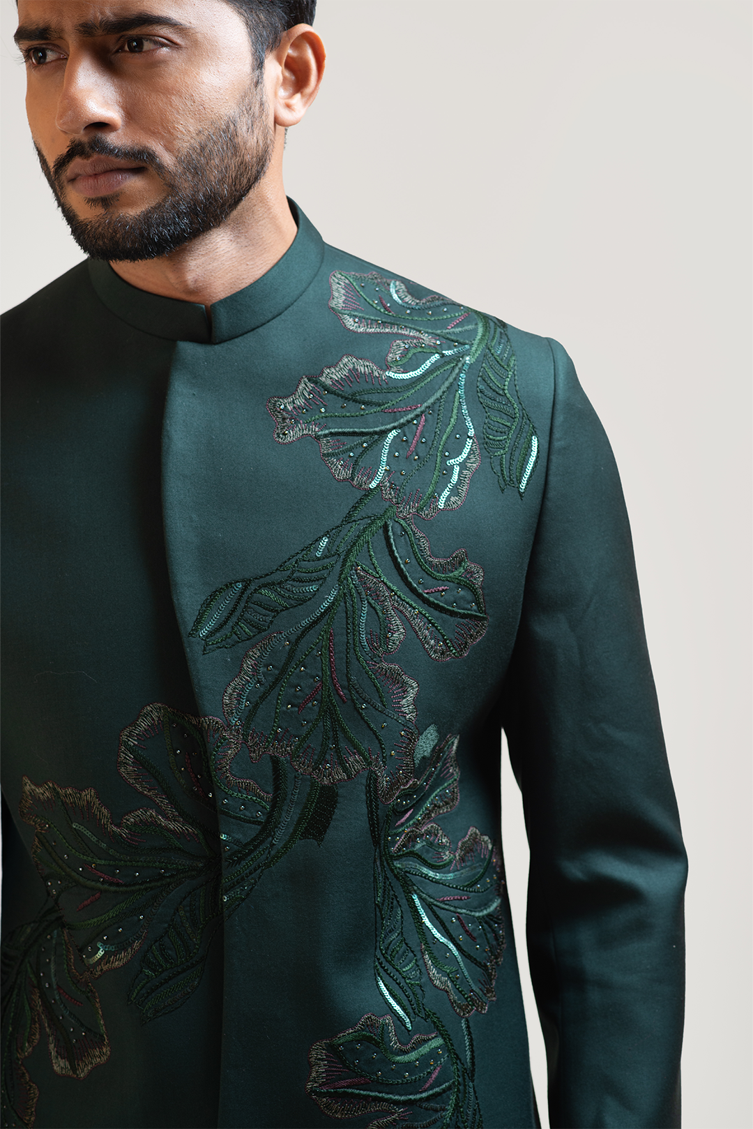 Green A-symmetric Flowy Lineart Embroidered Achkan