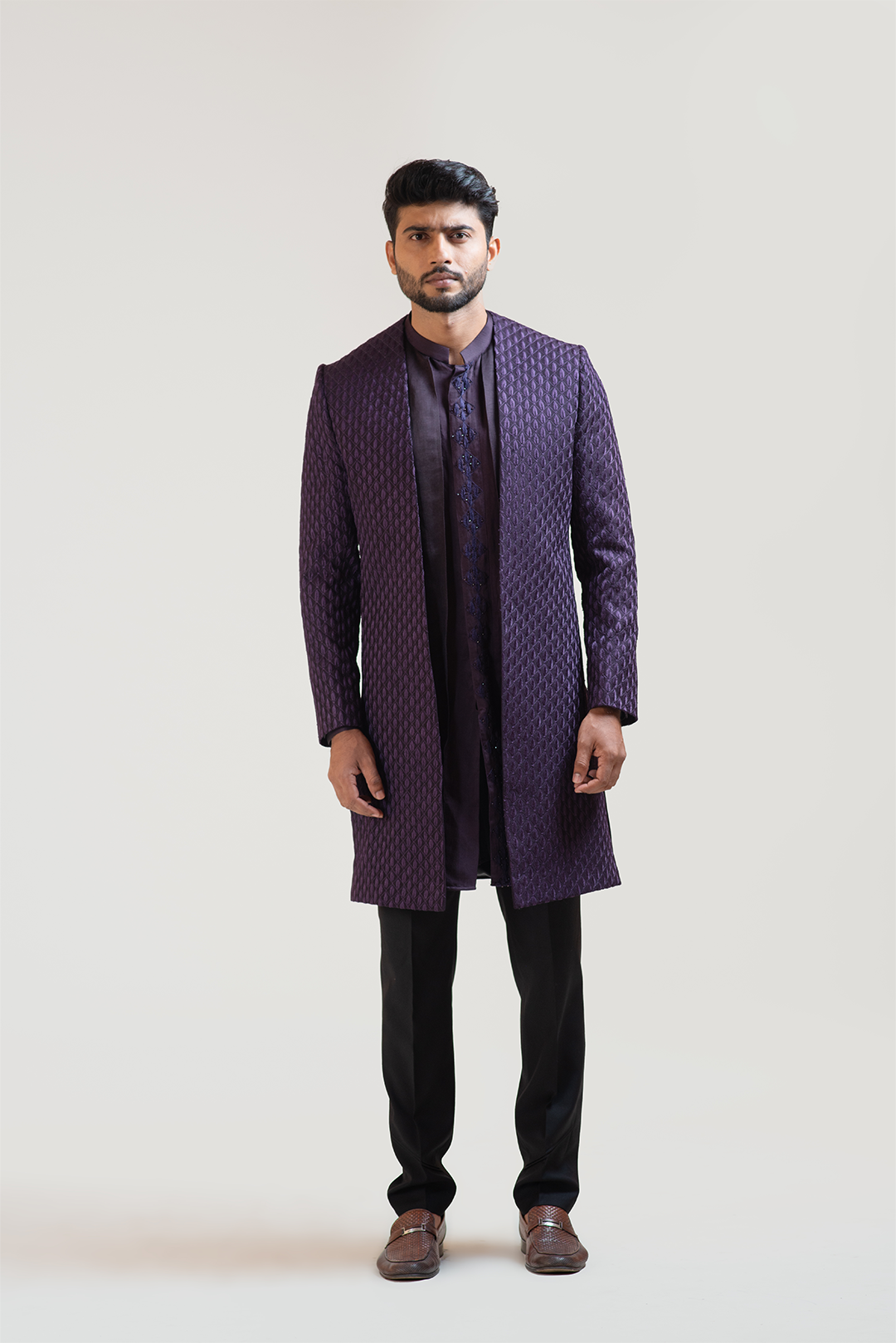 Purple Leaf Embroidered Open Achkan