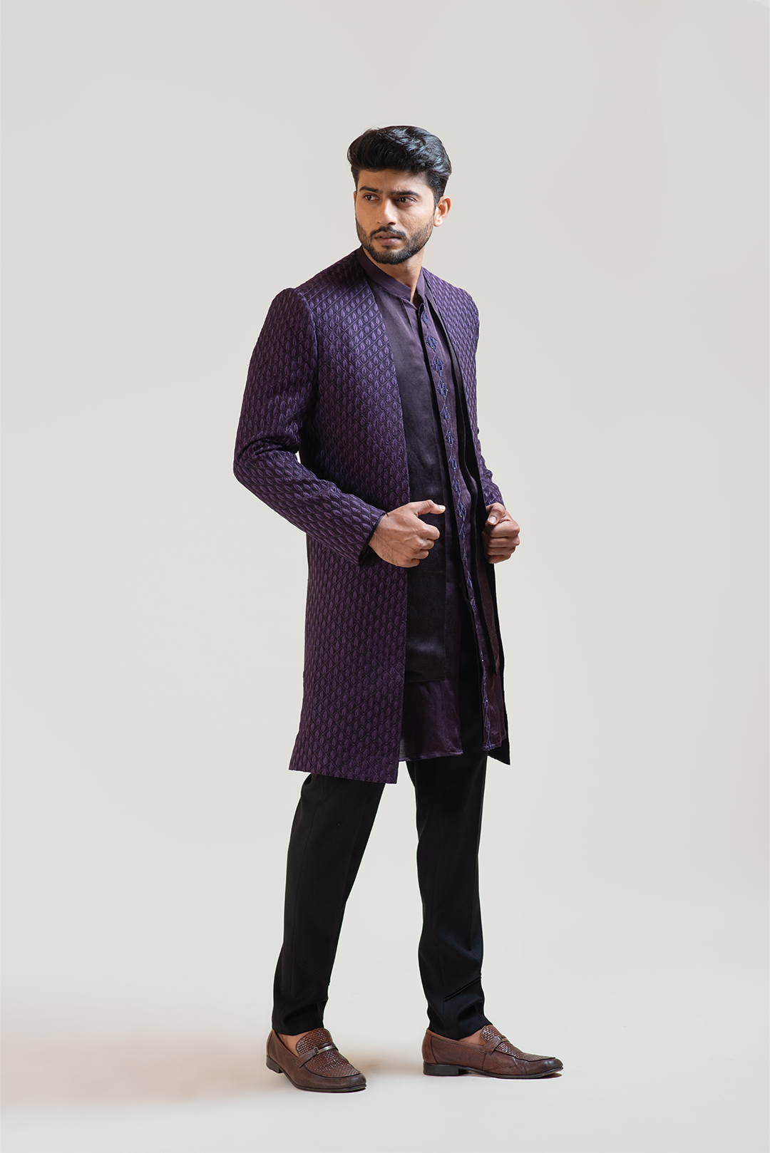 Purple Leaf Embroidered Open Achkan