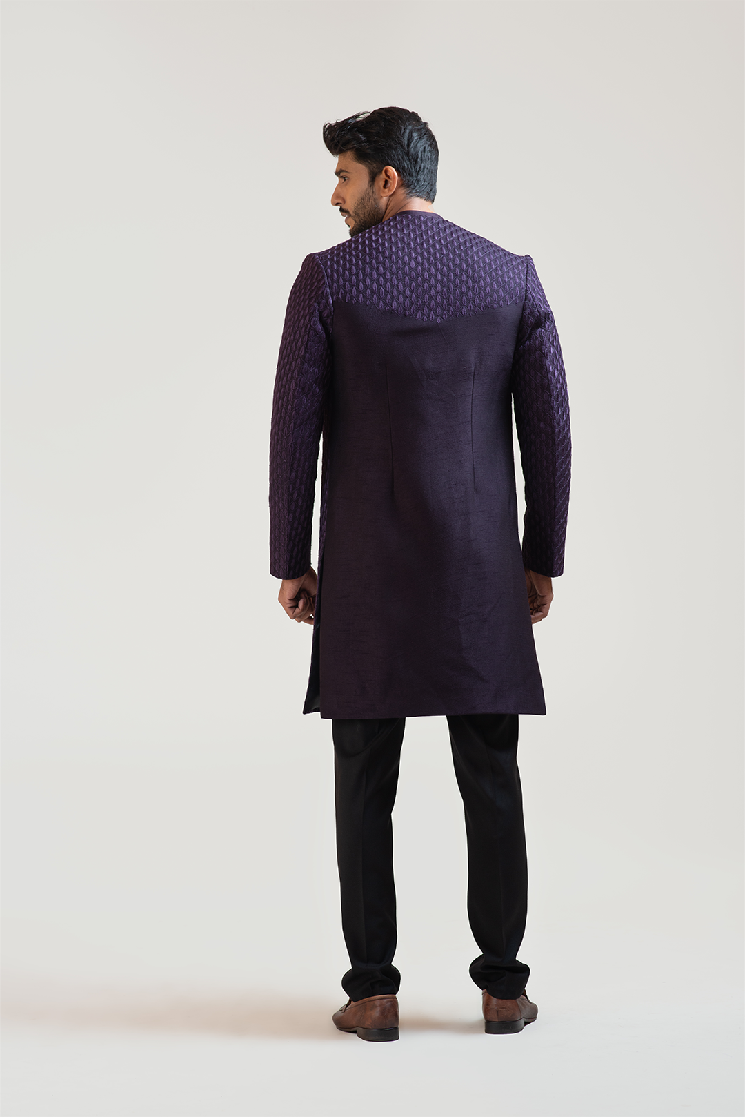 Purple Leaf Embroidered Open Achkan