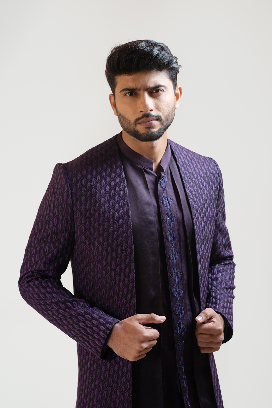Purple Leaf Embroidered Open Achkan