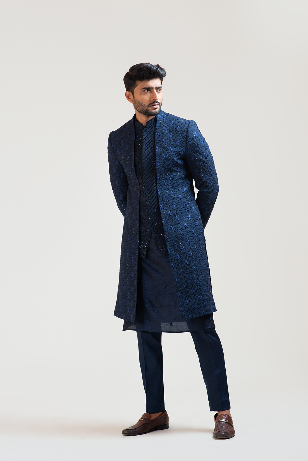 NavyBlue Leaf Kora Embroidered double Panel Achkan