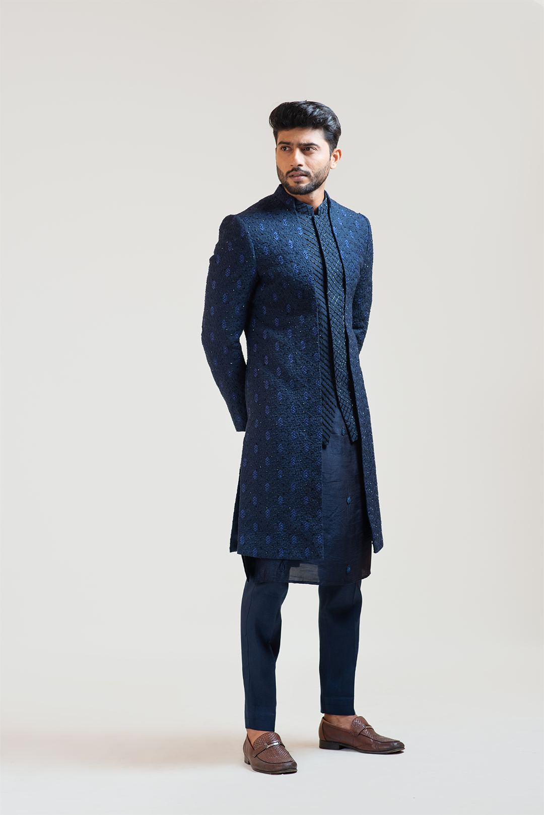 NavyBlue Leaf Kora Embroidered double Panel Achkan