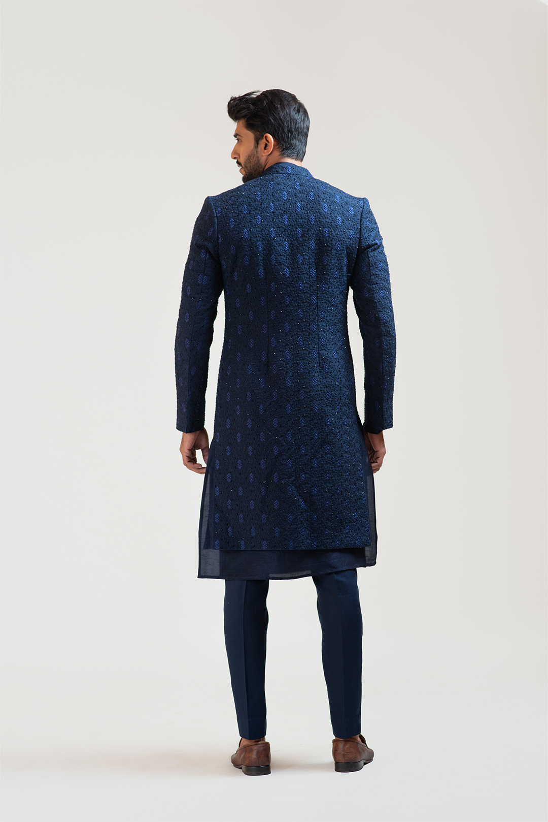 NavyBlue Leaf Kora Embroidered double Panel Achkan