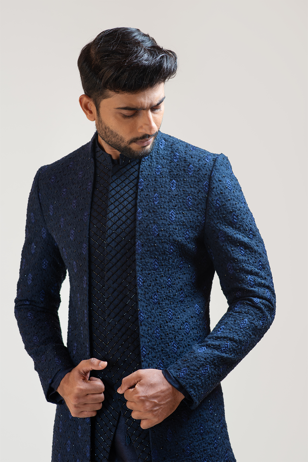 NavyBlue Leaf Kora Embroidered double Panel Achkan