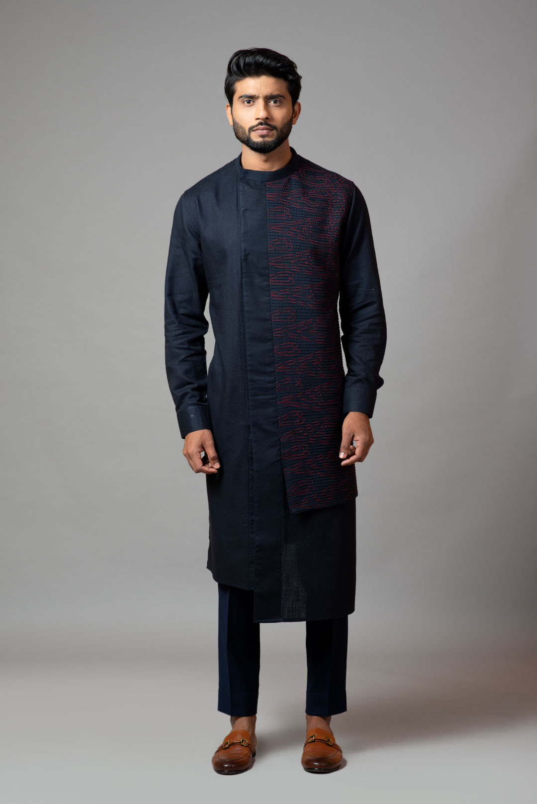 Assymetric pintucks kurta with embroidery and pant pajama