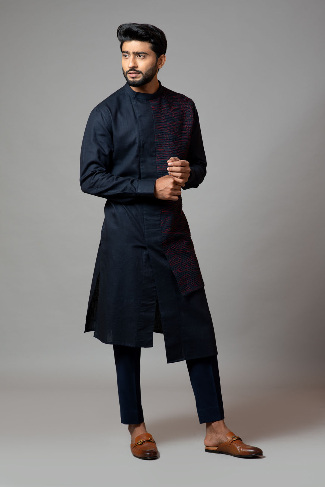 Assymetric pintucks kurta with embroidery and pant pajama