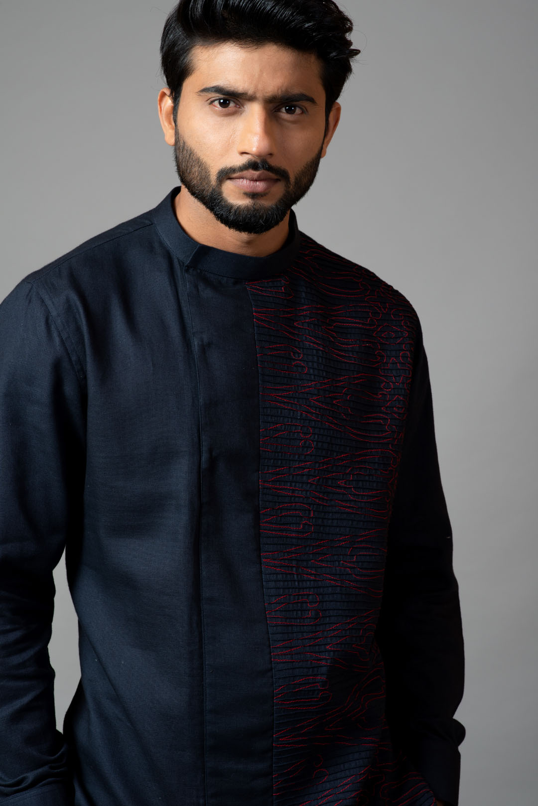 Assymetric pintucks kurta with embroidery and pant pajama