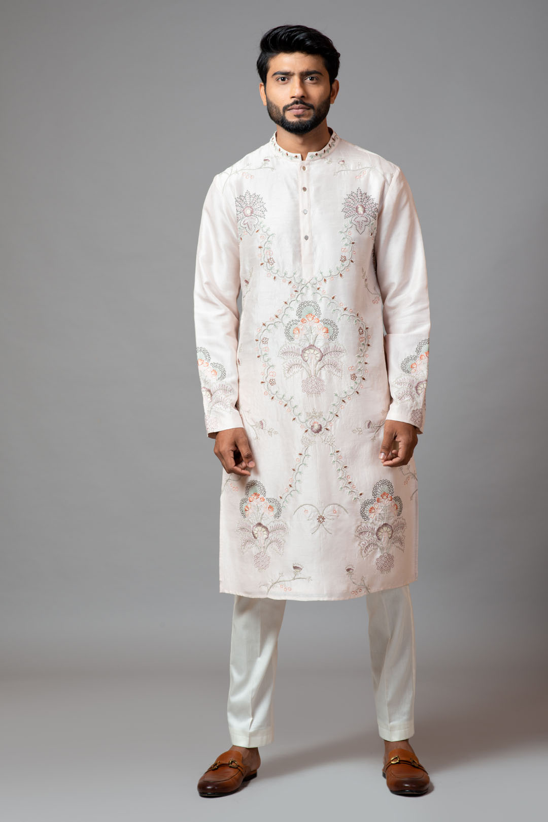 Grey Kurta Pajama With Printed Jacket Dhoti Pant