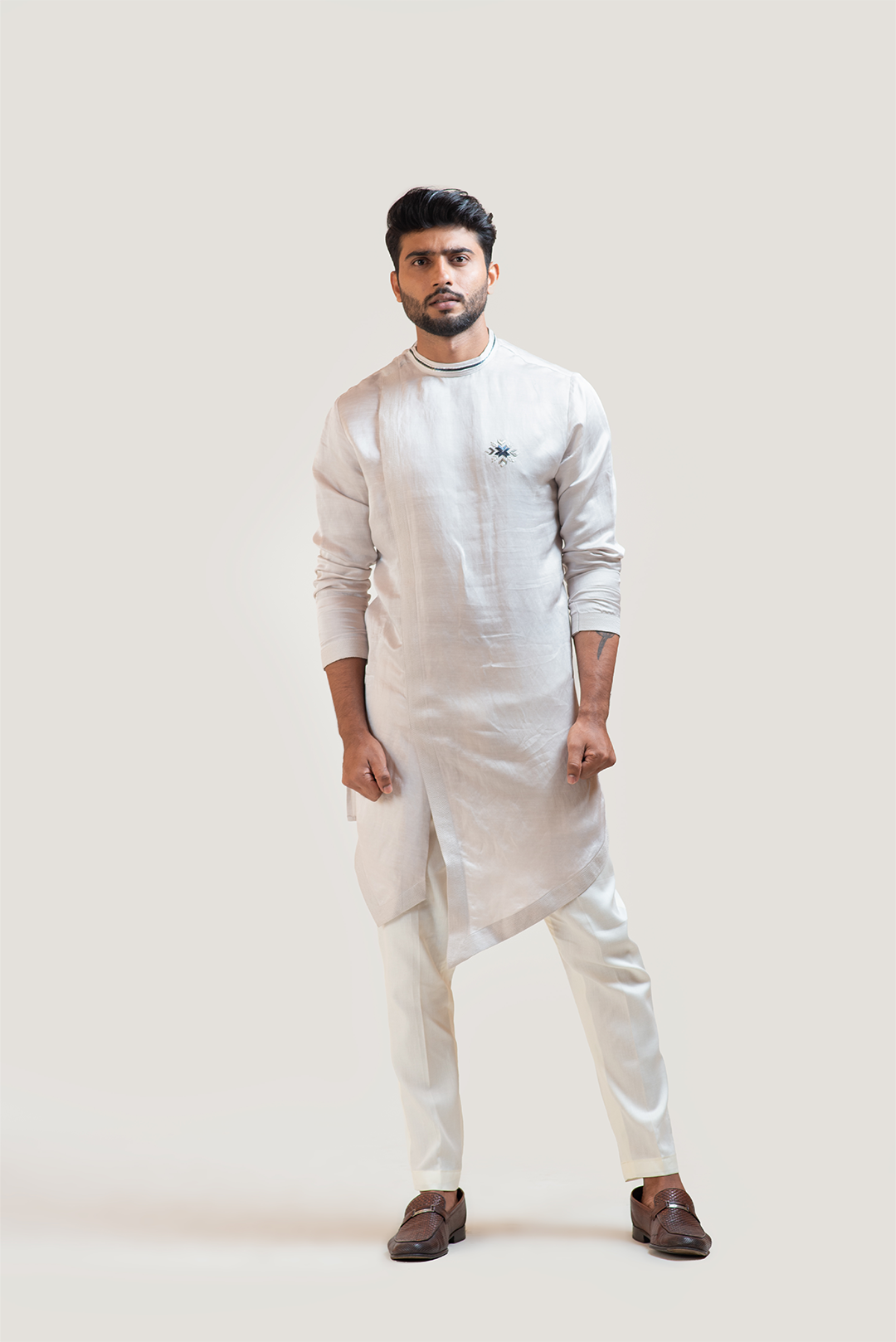 CreamOverlapping Embroidered Kurta Set