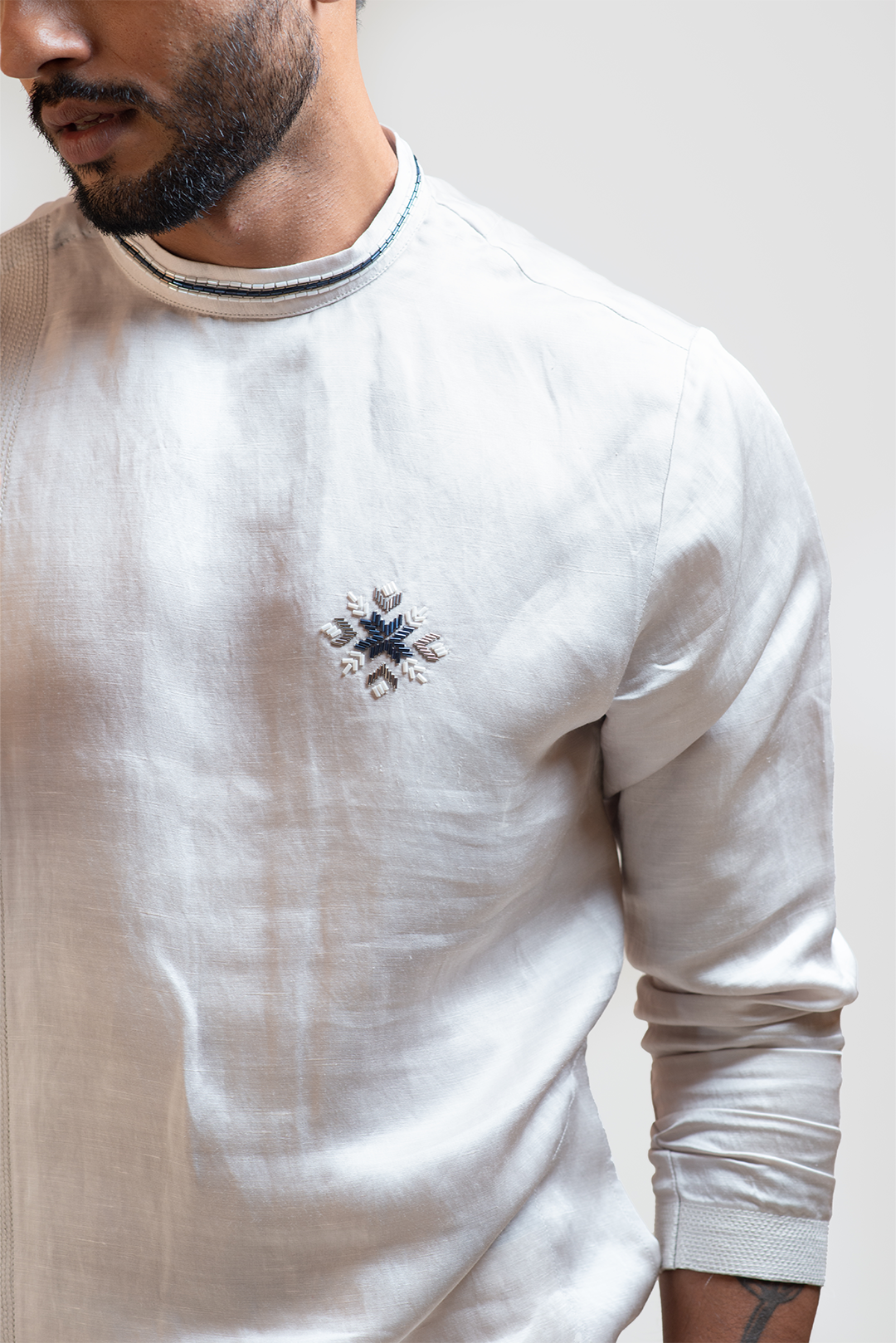 CreamOverlapping Embroidered Kurta Set