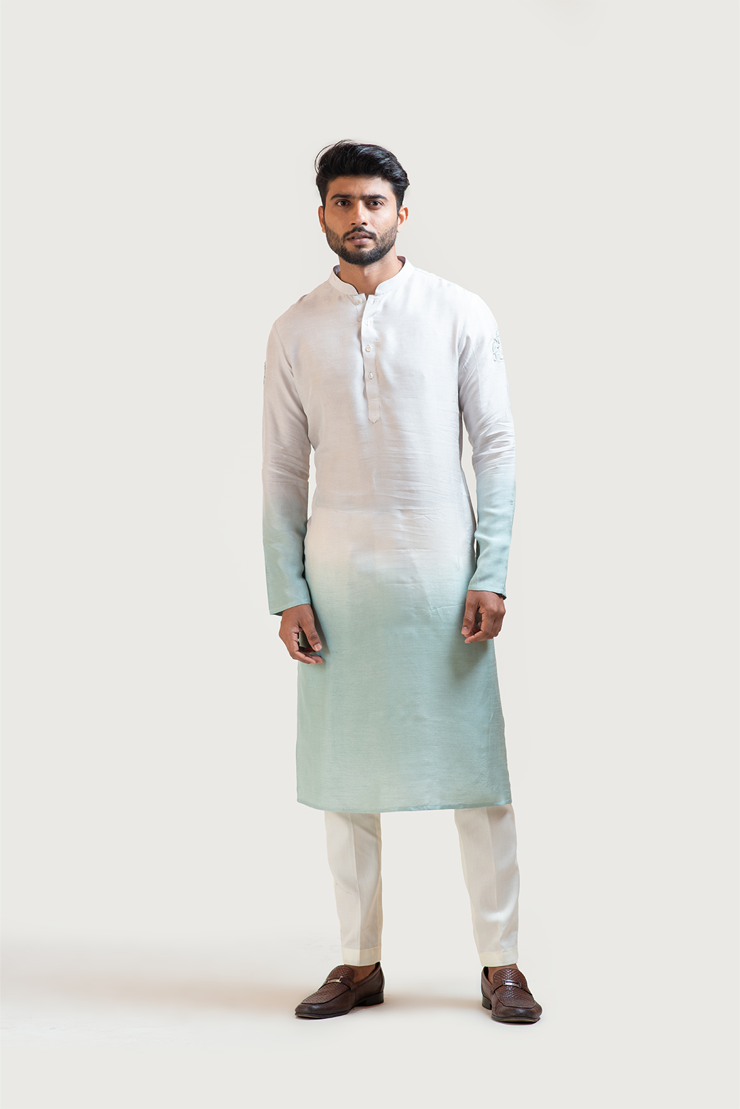 Grey To Green Ombre Shaded Embroidered Kurta Set