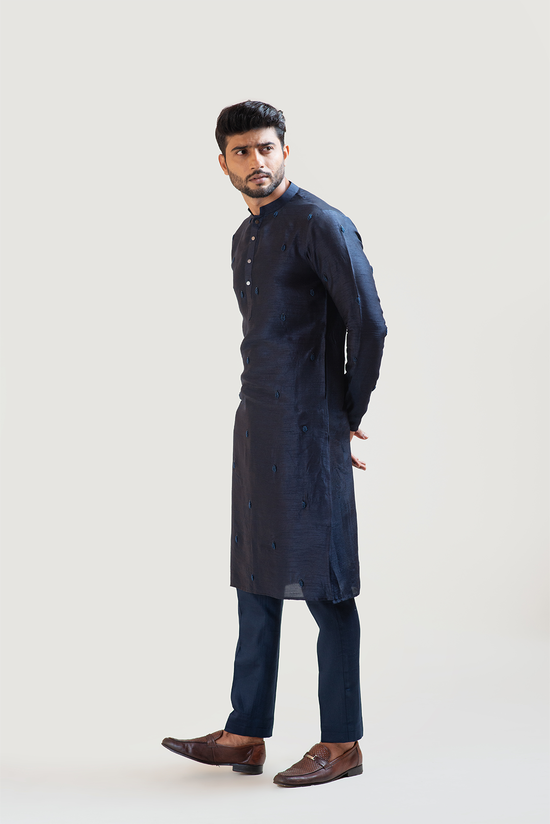Navy Blue Bullion Leaf Embroidered Kurta Set RTS
