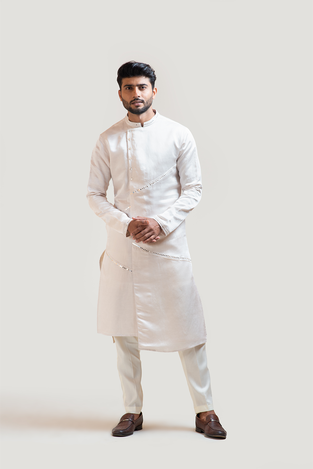 Cream A-Symmetric Mirrorwork Kurta Set