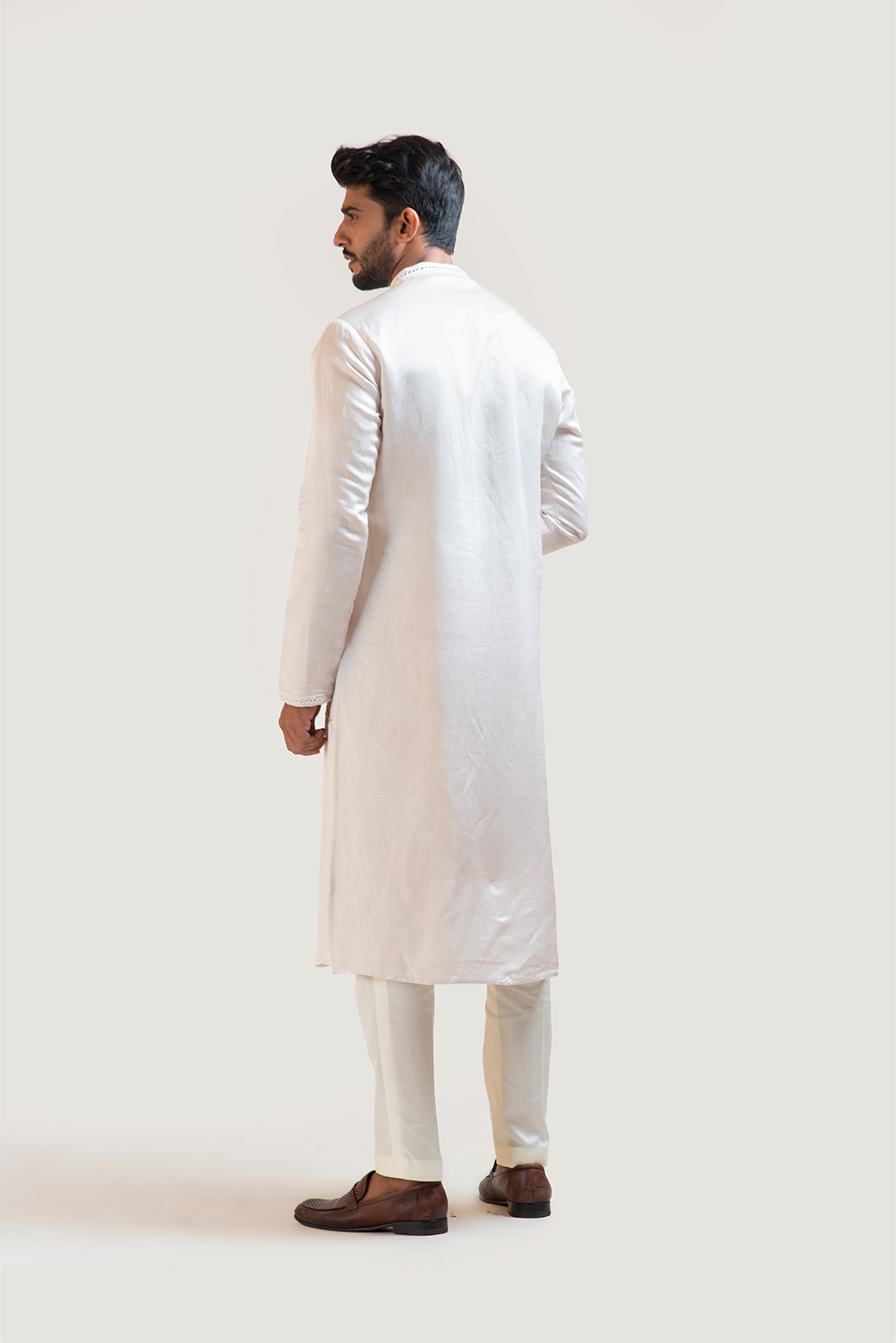 Cream A-Symmetric Mirrorwork Kurta Set