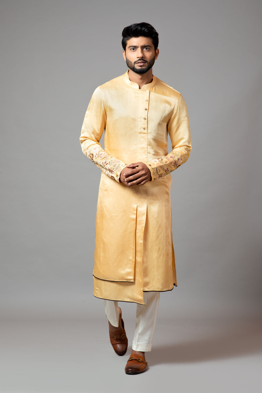 Assymetric double panel kurta with embroidered sleeve and pant pajama