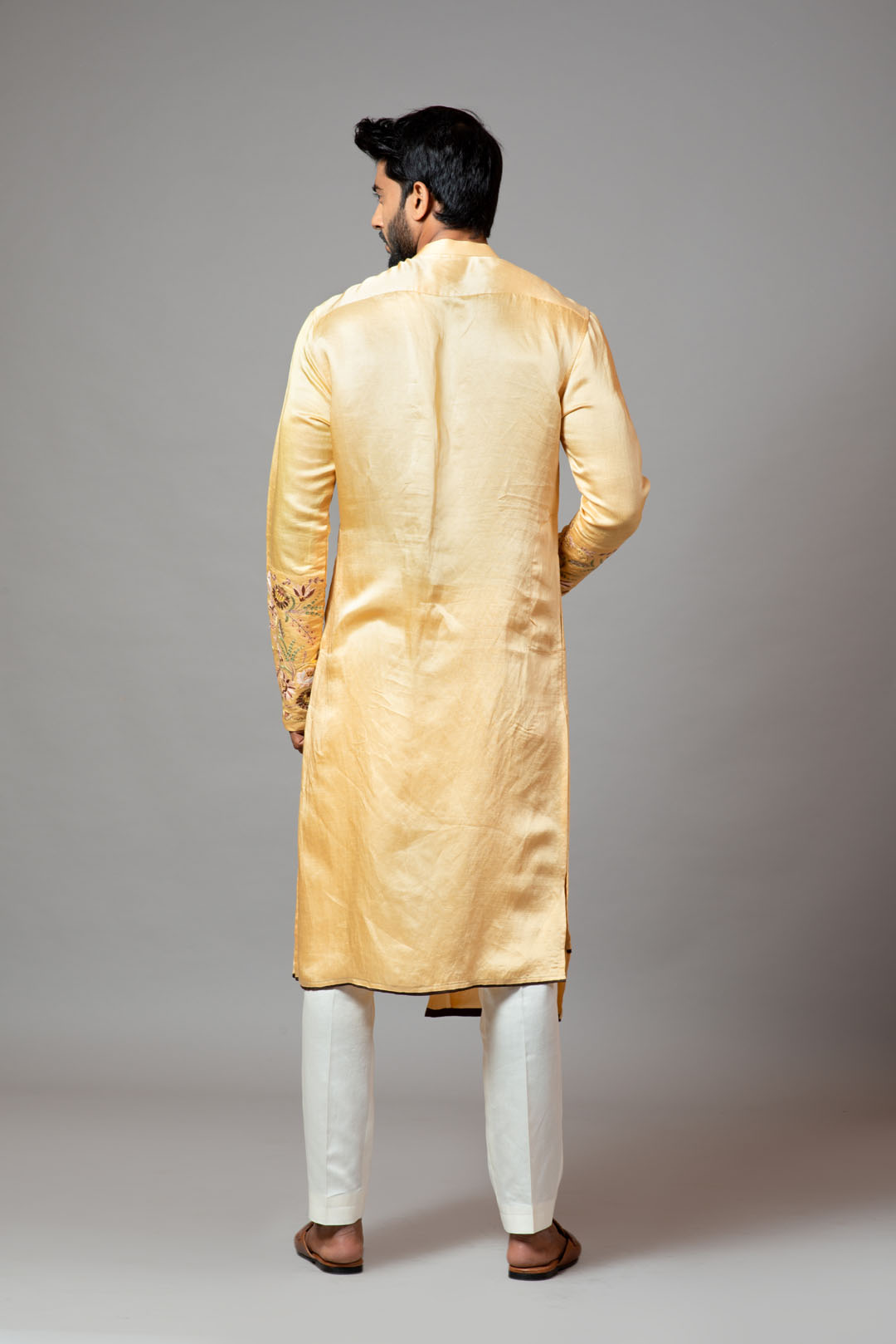 Assymetric double panel kurta with embroidered sleeve and pant pajama