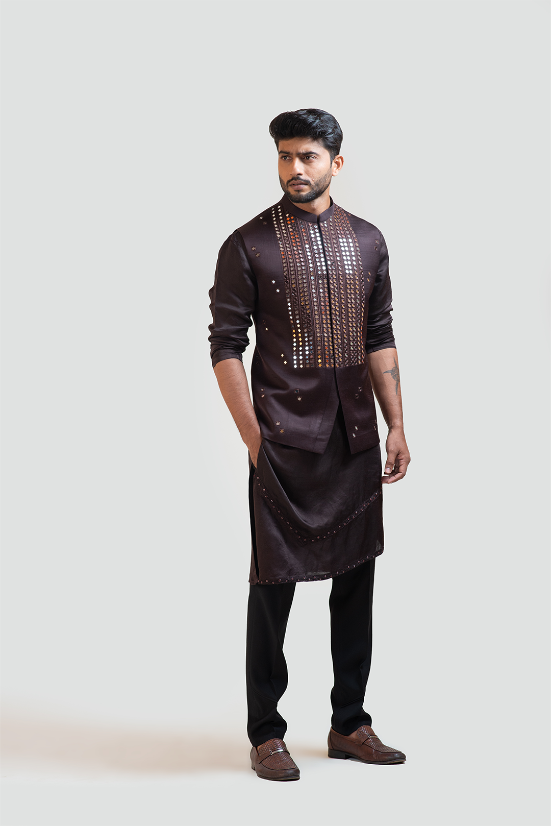 Coco Brown Mirrorwork Nehru with Coco Brown A-Symmetric Embroidered Kurta Set
