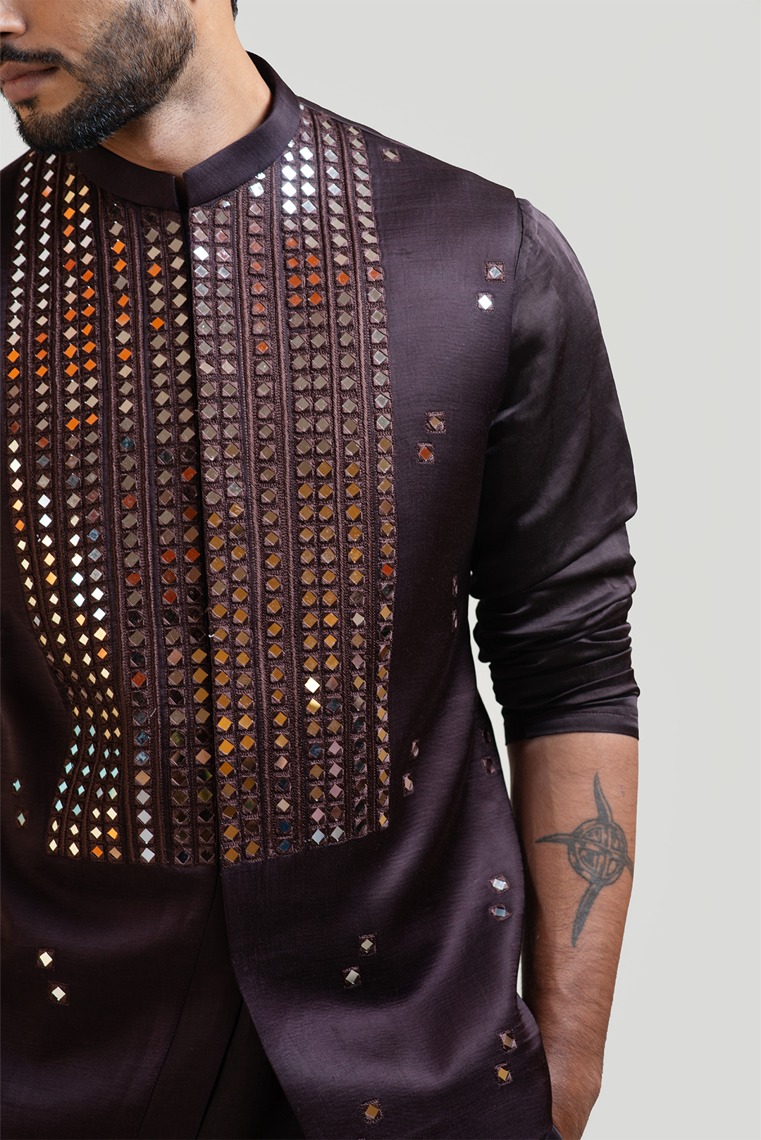Coco Brown Mirrorwork Nehru with Coco Brown A-Symmetric Embroidered Kurta Set