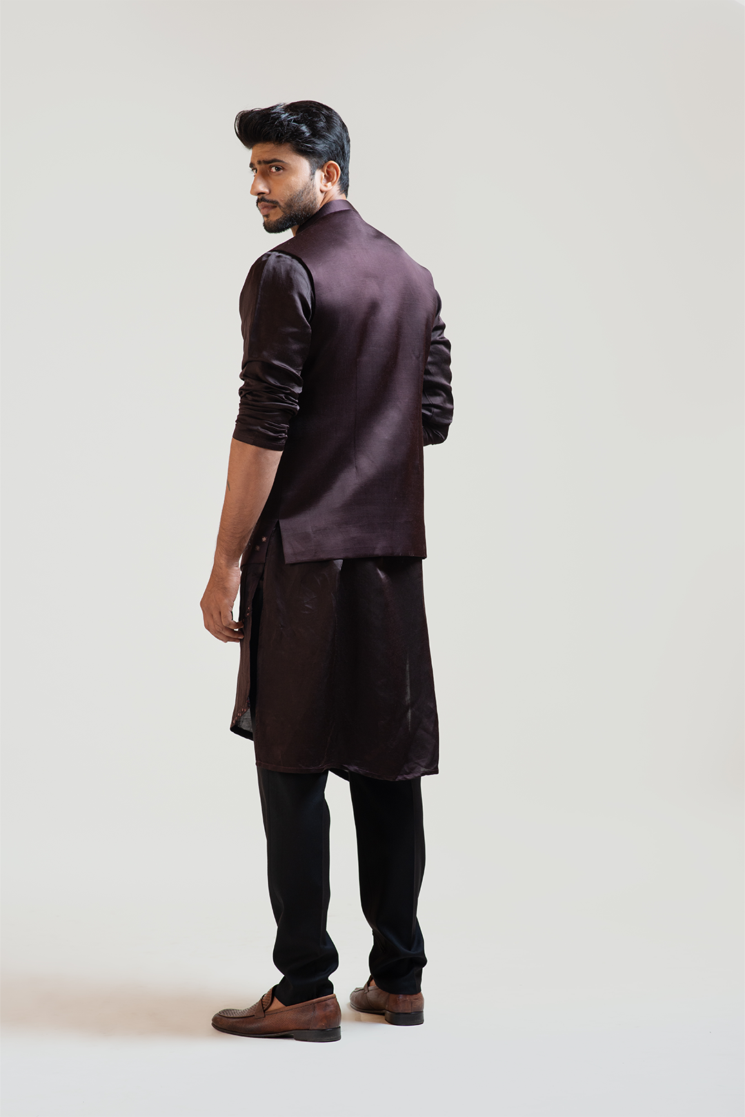 Coco Brown Mirrorwork Nehru with Coco Brown A-Symmetric Embroidered Kurta Set