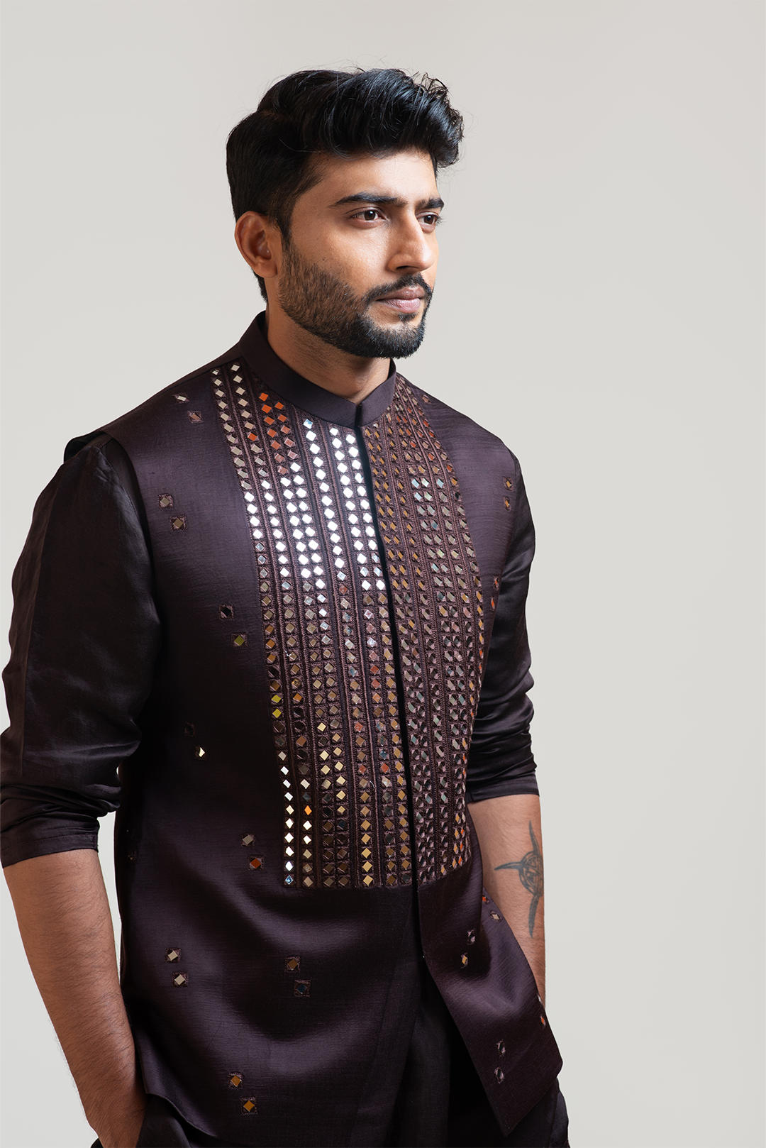 Coco Brown Mirrorwork Nehru with Coco Brown A-Symmetric Embroidered Kurta Set RTS