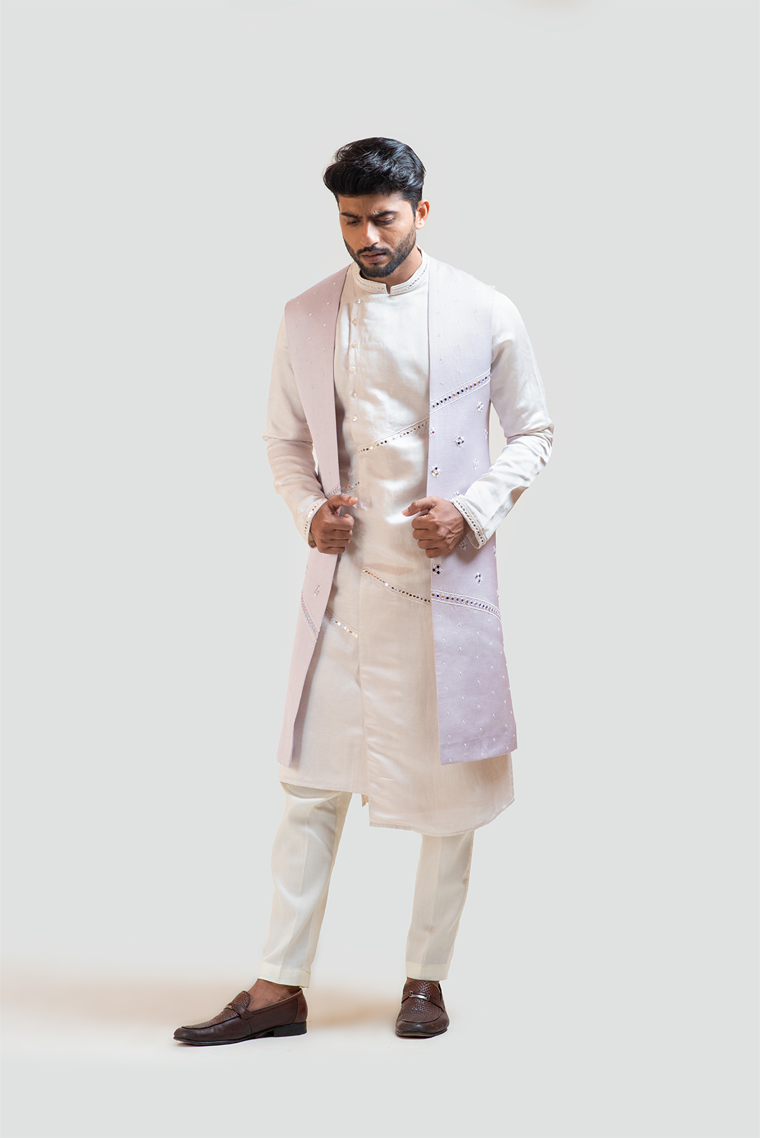 Lilac Long Embroidered Nehru with Cream A-Symmetric Mirrorwork Kurta Set