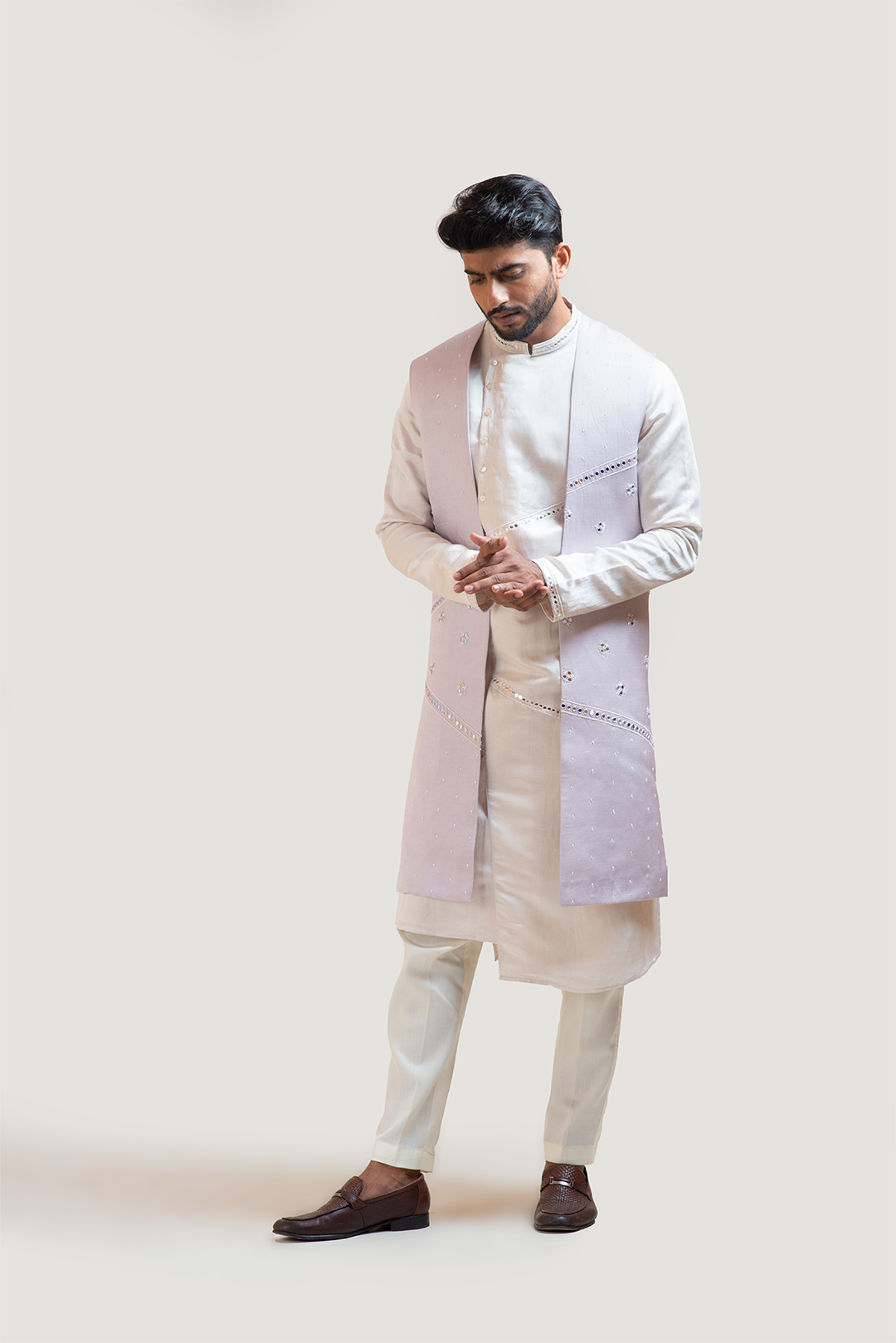 Lilac Long Embroidered Nehru with Cream A-Symmetric Mirrorwork Kurta Set
