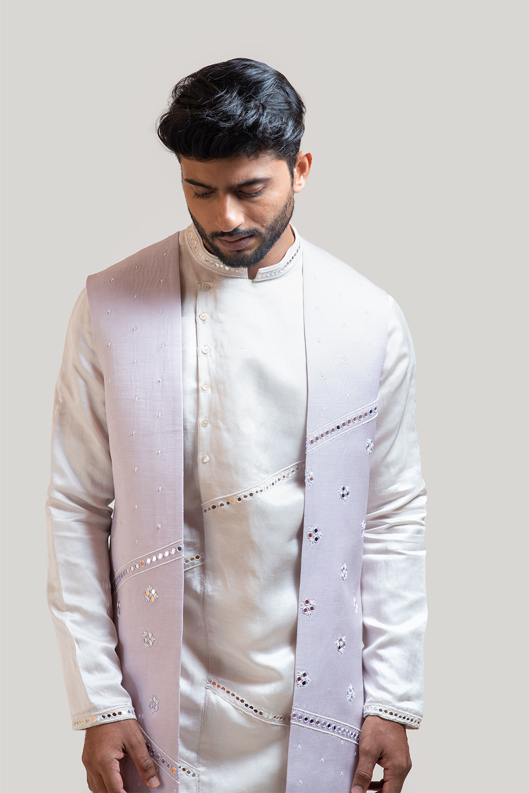 Lilac Long Embroidered Nehru with Cream A-Symmetric Mirrorwork Kurta Set