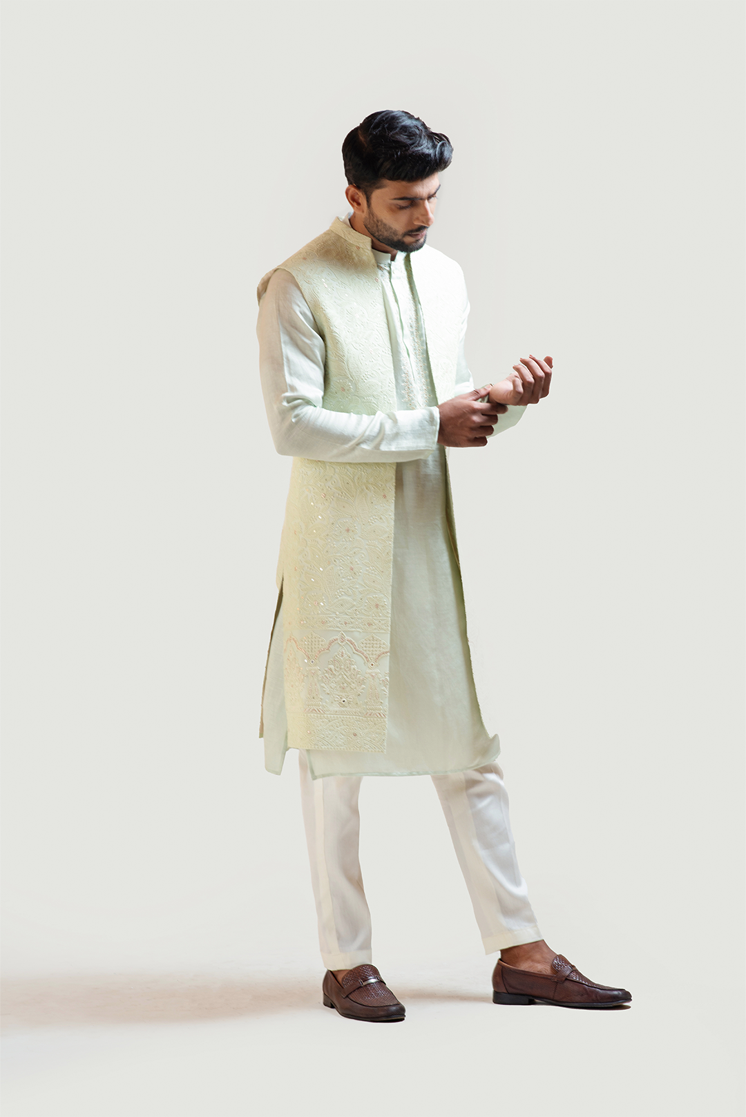 Long mint green chikankari Nehru with Mint Green Embroidered kurta Set