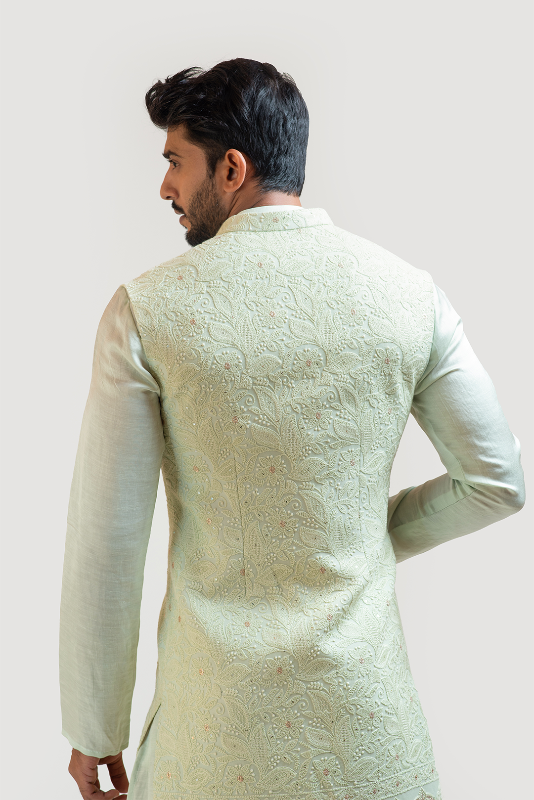 Long mint green chikankari Nehru with Mint Green Embroidered kurta Set