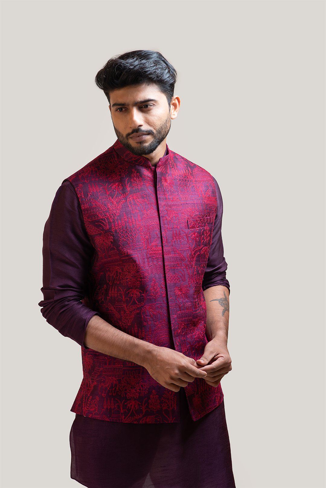 Purple Allover Embroidered Nehru with Purple A-Symmetric Kurta Set