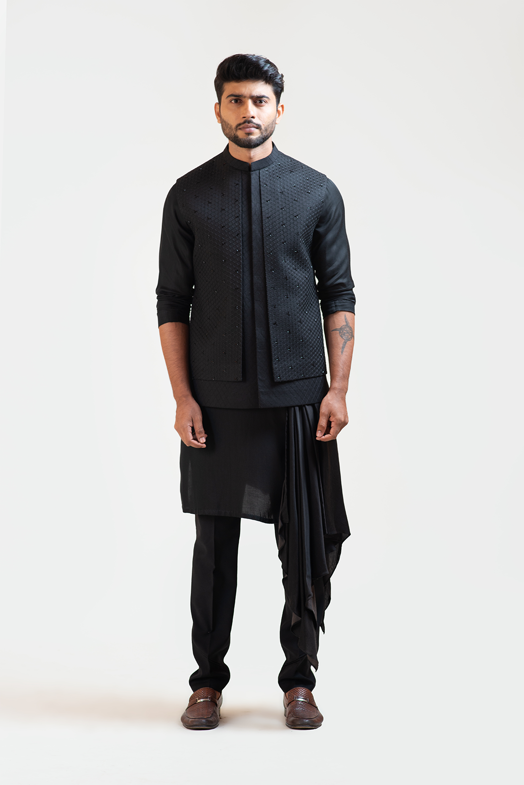 Black Honeycomb Embroidered Double Panel Nehru with Black Long Drape Kurta Set