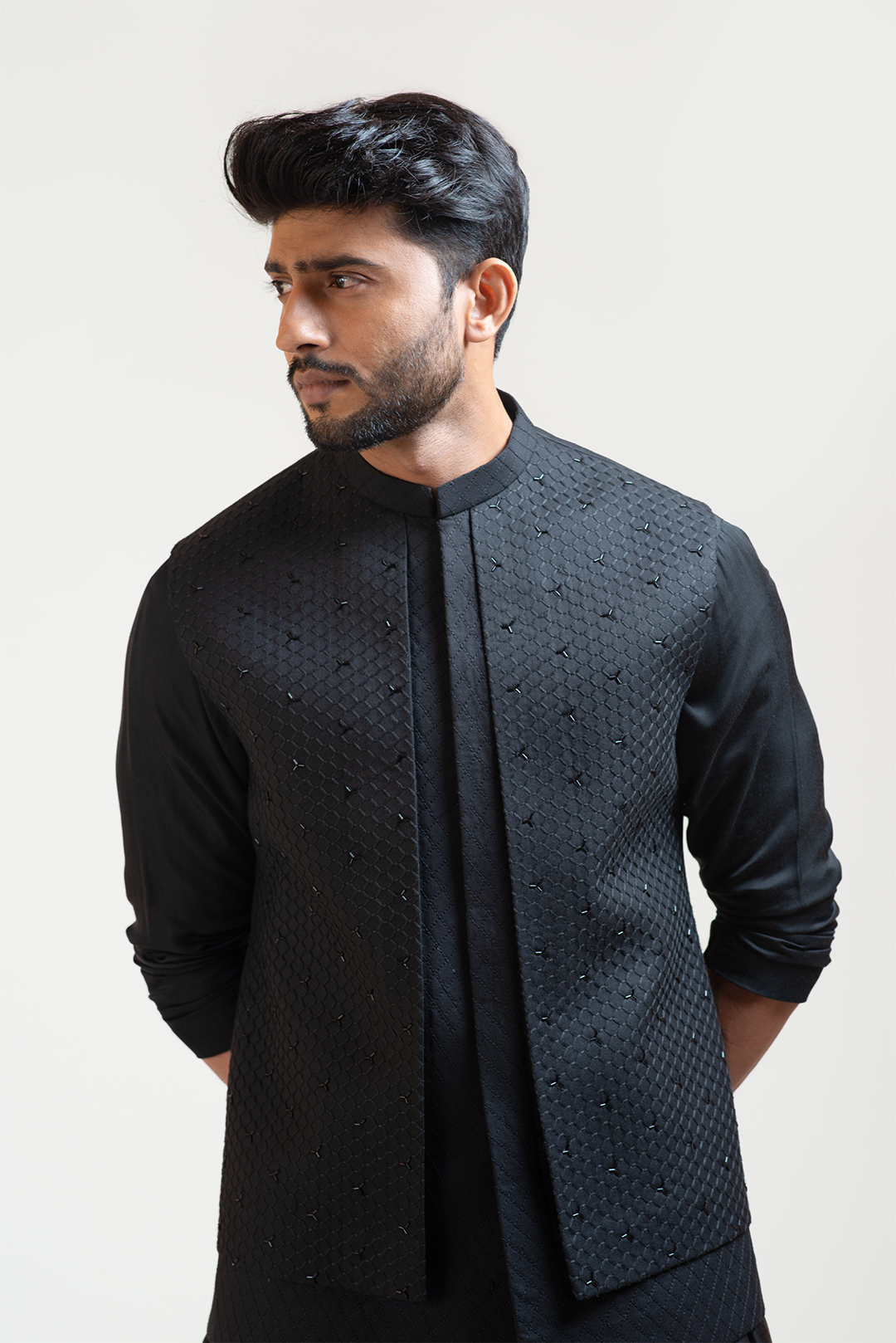 Black Honeycomb Embroidered Double Panel Nehru with Black Long Drape Kurta Set