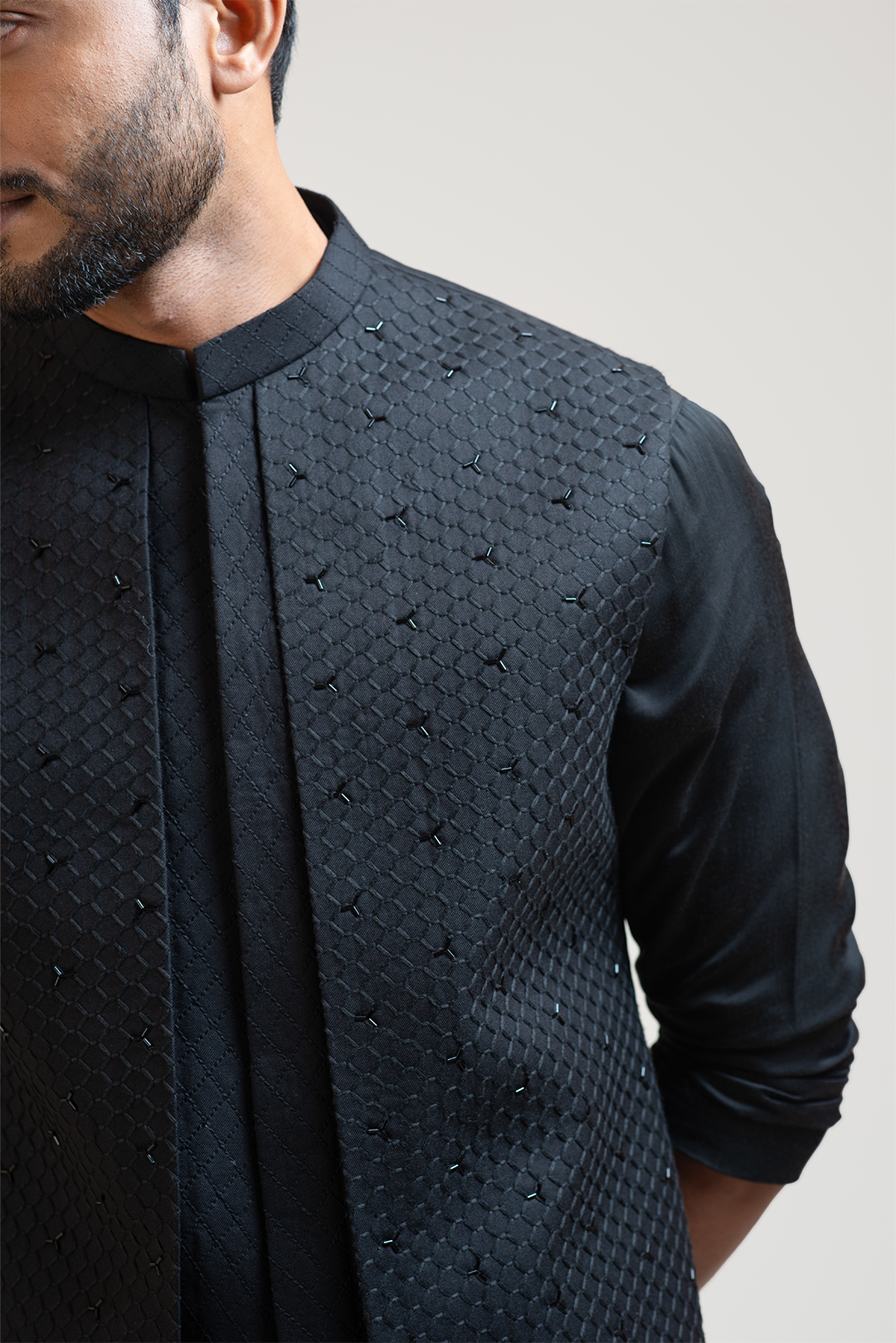 Black Honeycomb Embroidered Double Panel Nehru with Black Long Drape Kurta Set