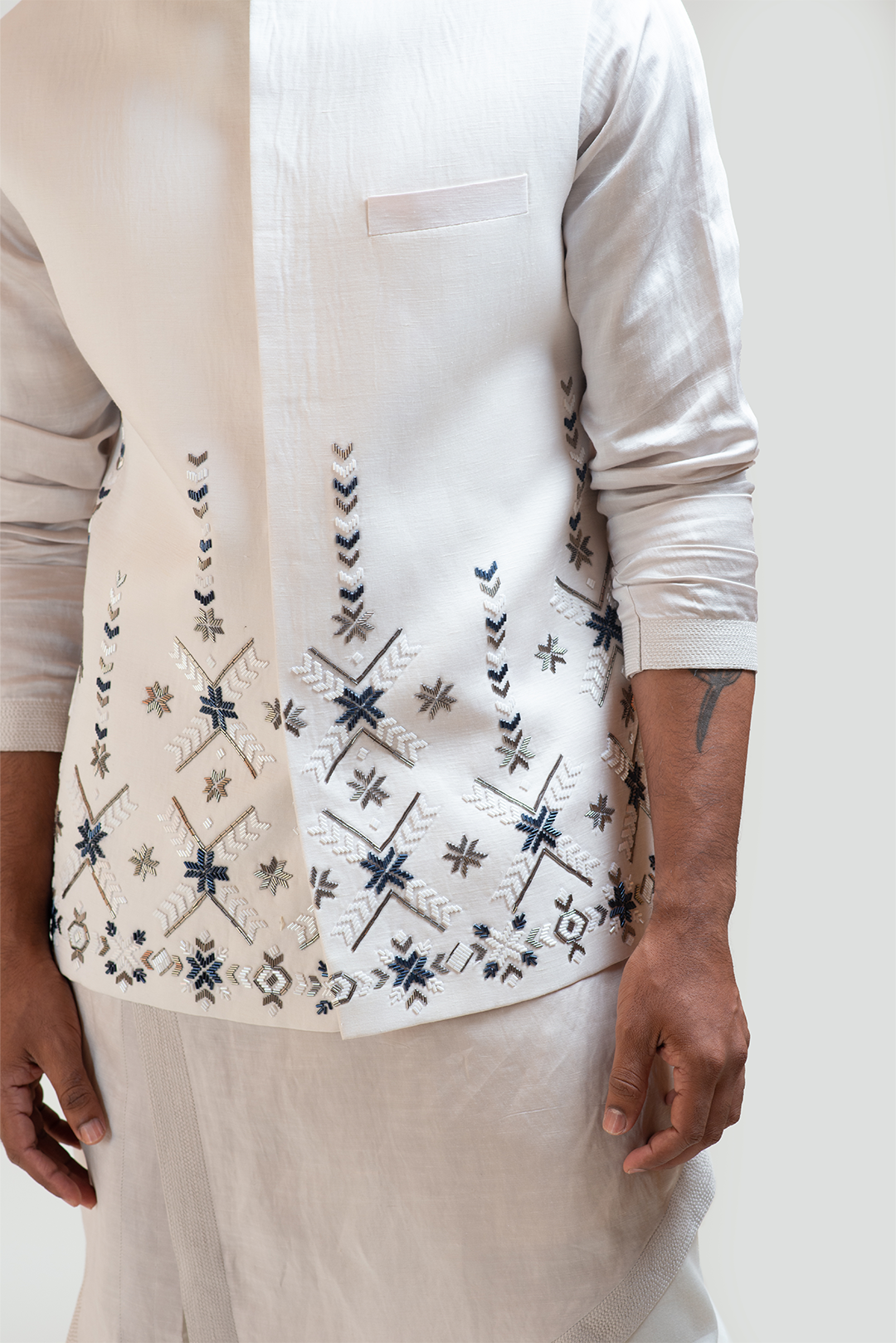 Phulkari Nehru with CreamOverlapping Embroidered Kurta Set